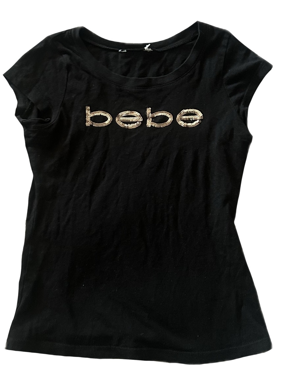 bebe Black Tee with Gold Sequin Logo